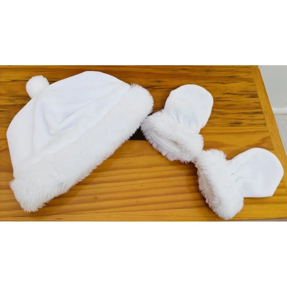 Vintage White Winter‎ Plush Hat and Matching Mittens 0-6 months Infant Faux Fur